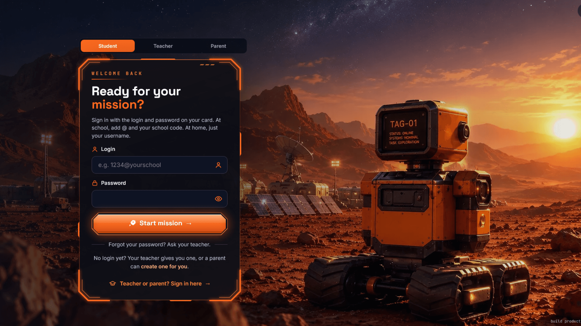 The TagRobotics student sign-in, with a robot rover on Mars at sunset